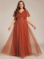 Plus Size A-Line Short Sleeve Tulle Evening Dress with Sequin Details