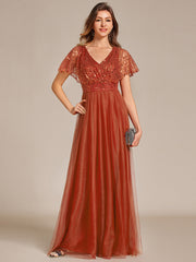 A-Line Short Sleeve Tulle Evening Dress with Sequin Embellishments