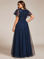 Plus Size A-Line Short Sleeve Tulle Evening Dress with Sequin Details