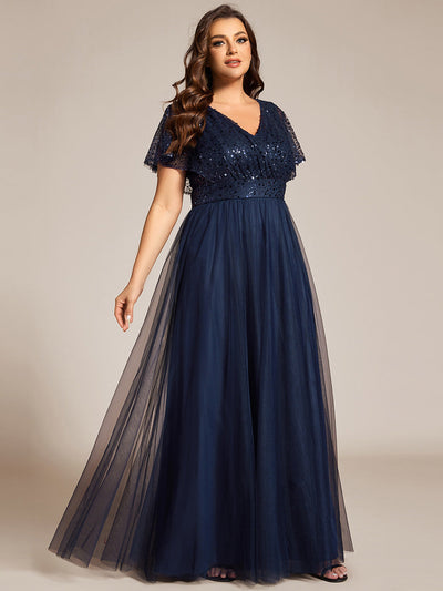 Plus Size A-Line Short Sleeve Tulle Evening Dress with Sequin Details