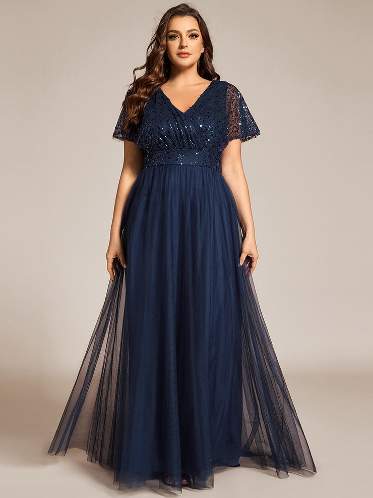 Plus Size A-Line Short Sleeve Tulle Evening Dress with Sequin Details