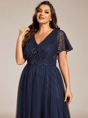 Plus Size A-Line Short Sleeve Tulle Evening Dress with Sequin Details