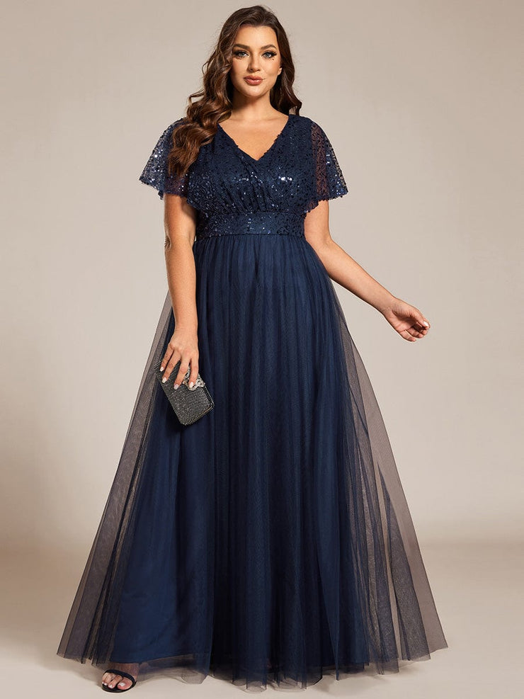 A-Line Short Sleeve Tulle Evening Dress with Sequin Embellishments