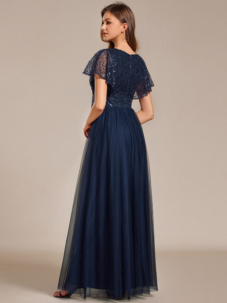 A-Line Short Sleeve Tulle Evening Dress with Sequin Embellishments