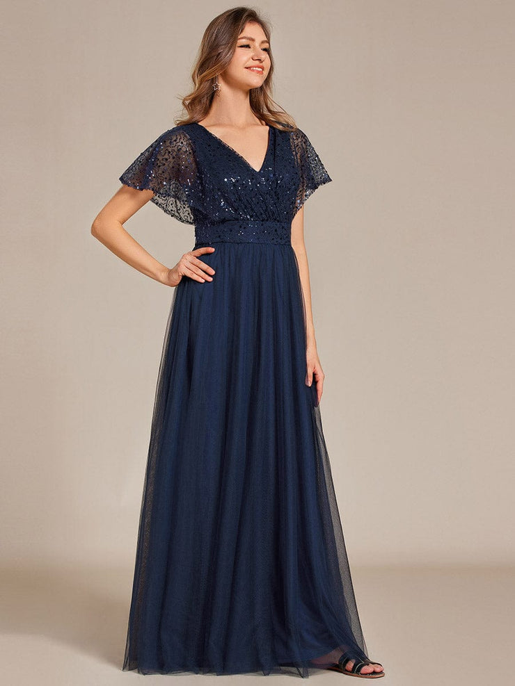 A-Line Short Sleeve Tulle Evening Dress with Sequin Embellishments