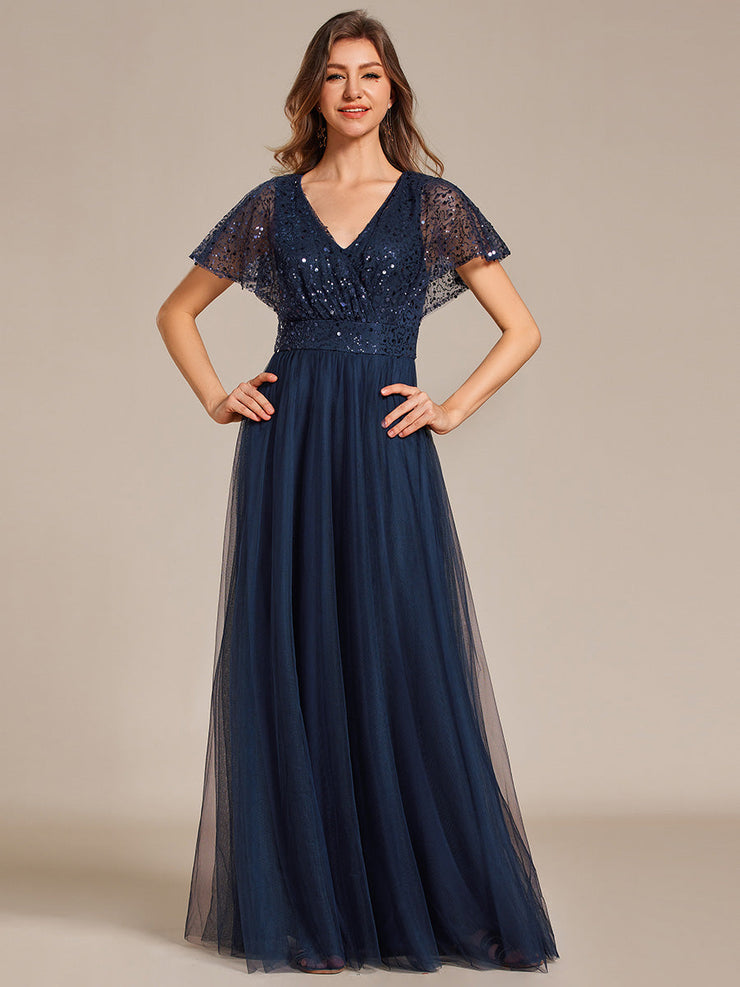 A-Line Short Sleeve Tulle Evening Dress with Sequin Embellishments