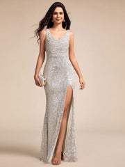 Dazzling Cowl Neck Sequin Sleeveless Bodycon Evening Dress with Open Back