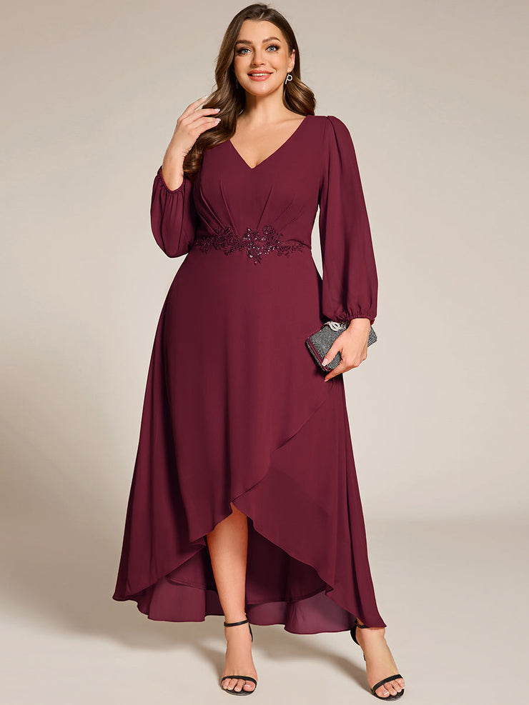 Chiffon Long Sleeve High-Low Evening Dress with Waist Applique