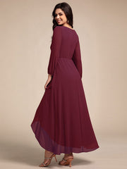 Chiffon Long Sleeve High-Low Evening Dress with Waist Applique