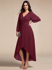 Chiffon Long Sleeve High-Low Evening Dress with Waist Applique