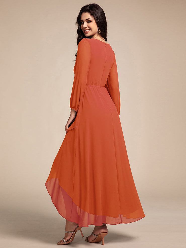 Chiffon Long Sleeve High-Low Evening Dress with Waist Applique