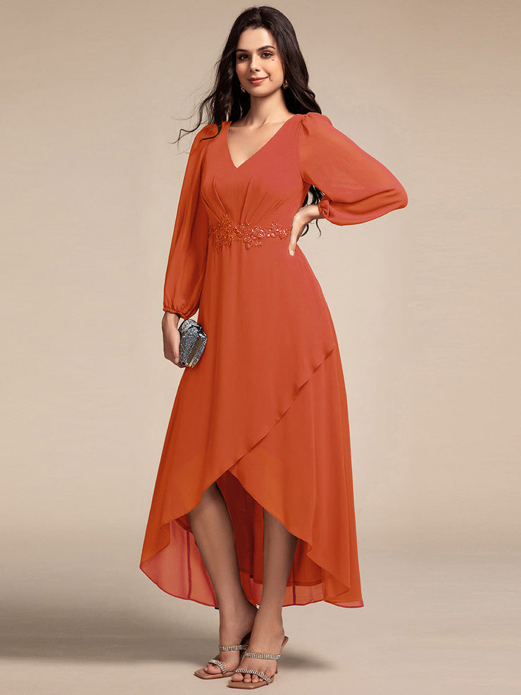 Chiffon Long Sleeve High-Low Evening Dress with Waist Applique