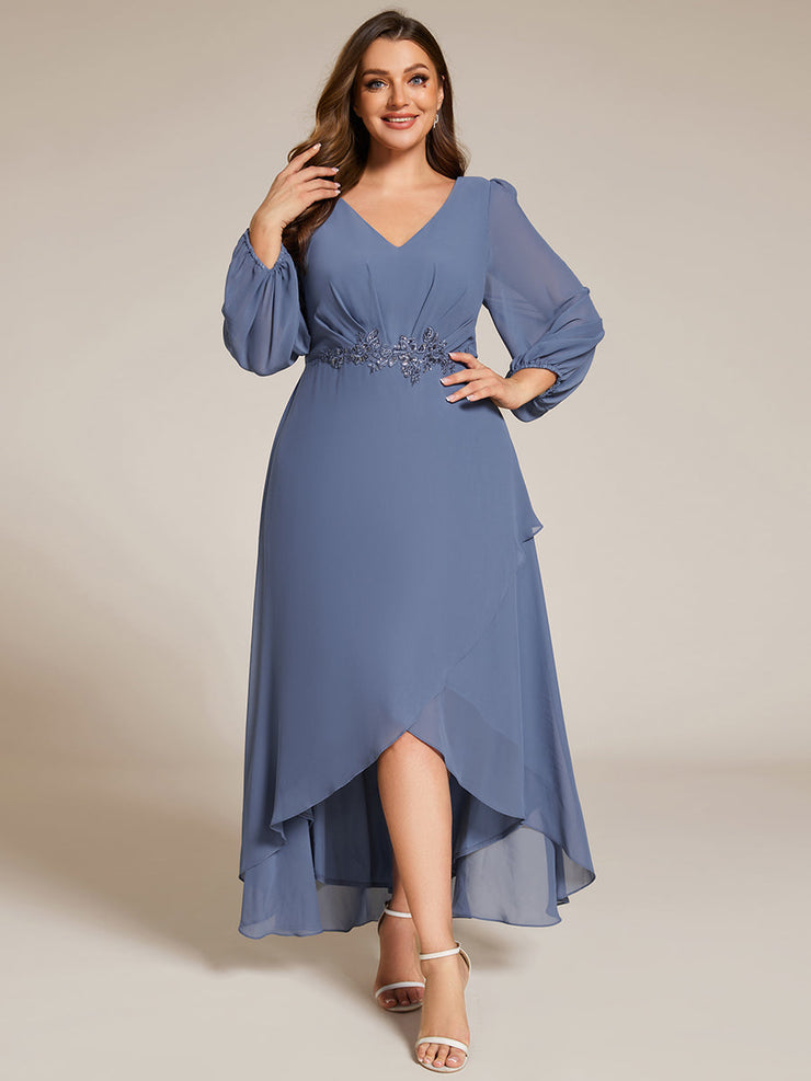 Chiffon Long Sleeve High-Low Evening Dress with Waist Applique