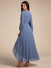 Chiffon Long Sleeve High-Low Evening Dress with Waist Applique