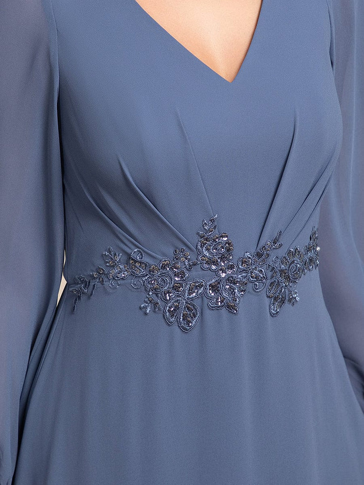 Chiffon Long Sleeve High-Low Evening Dress with Waist Applique