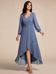 Chiffon Long Sleeve High-Low Evening Dress with Waist Applique