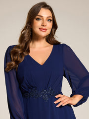 Chiffon Long Sleeve High-Low Evening Dress with Waist Applique