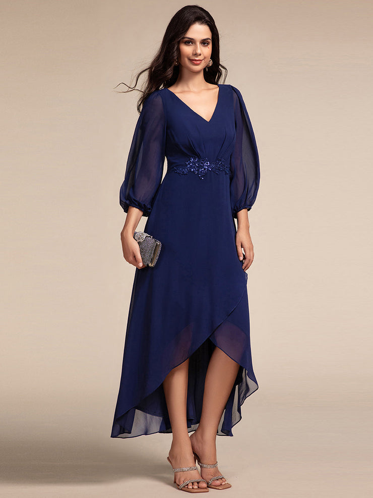 Chiffon Long Sleeve High-Low Evening Dress with Waist Applique