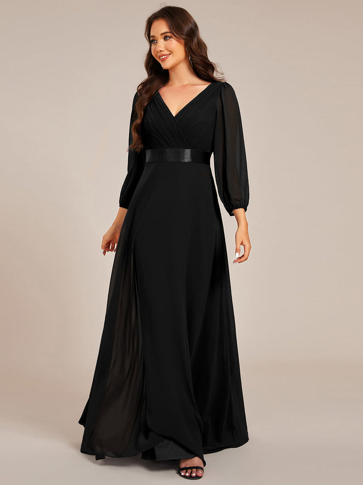 Chiffon Long Sleeve Empire Waist Maxi Evening Dress with Pleated Detailing