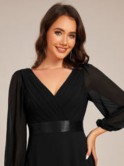 Chiffon Long Sleeve Empire Waist Maxi Evening Dress with Pleated Detailing