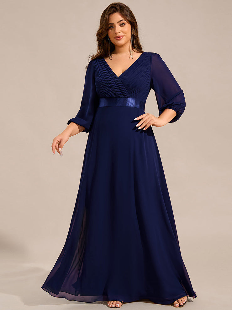 Chiffon Long Sleeve Empire Waist Maxi Evening Dress with Pleated Detailing