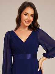 Chiffon Long Sleeve Empire Waist Maxi Evening Dress with Pleated Detailing