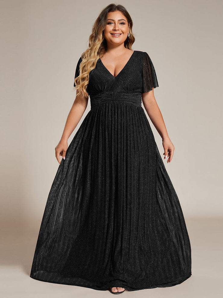 Plus Size Sparkle Short Sleeves Formal Evening Dress with V-Neck