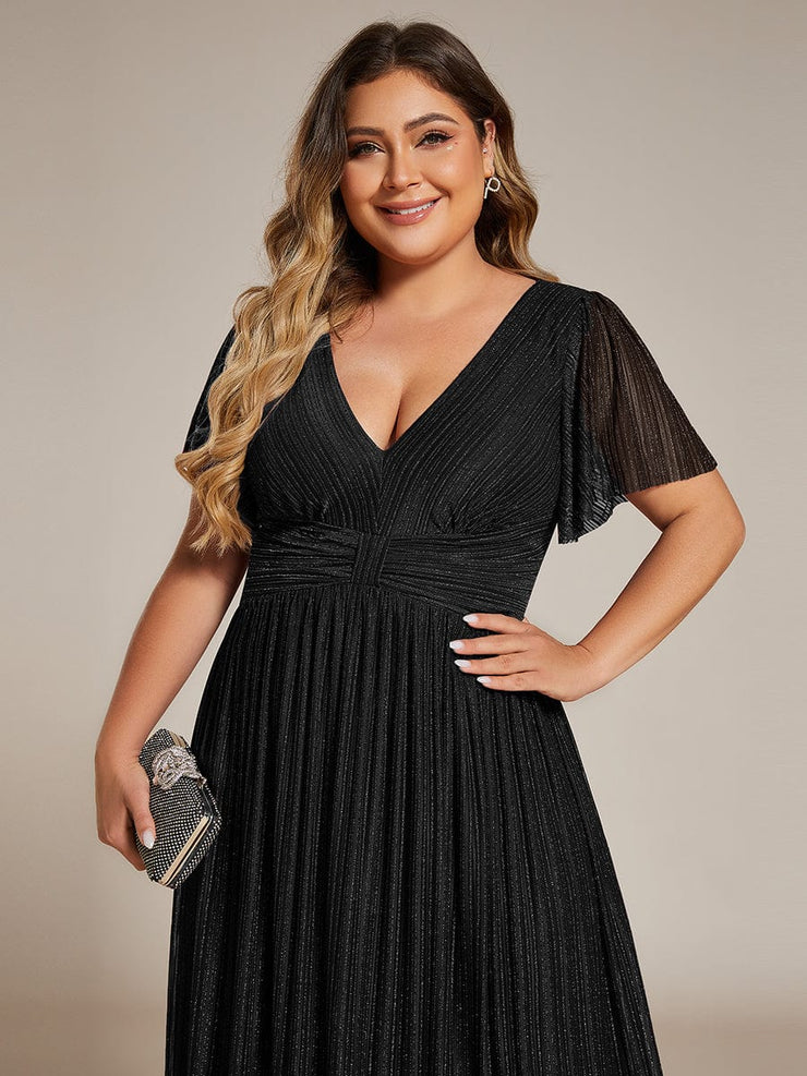 Plus Size Sparkle Short Sleeves Formal Evening Dress with V-Neck