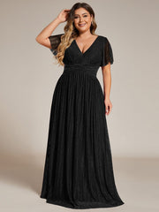 Plus Size Sparkle Short Sleeves Formal Evening Dress with V-Neck