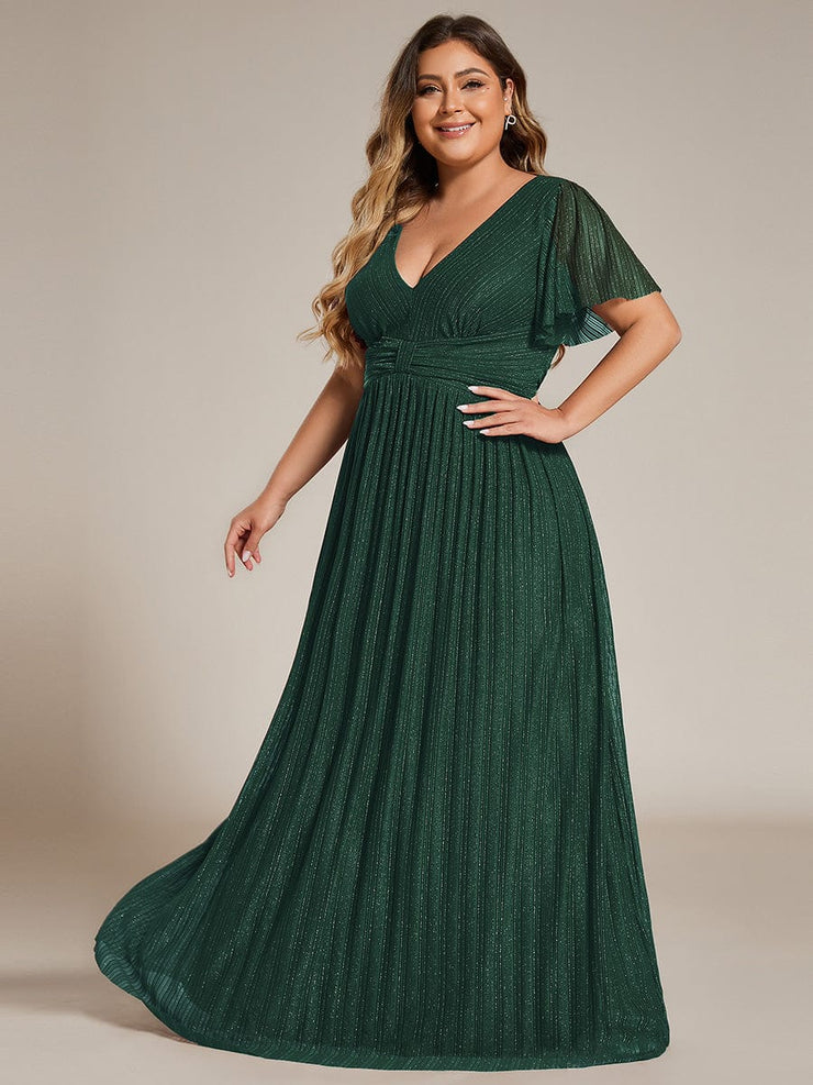 Plus Size Sparkle Short Sleeves Formal Evening Dress with V-Neck