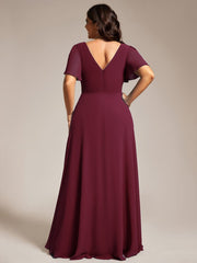 Chiffon A-Line Pleated Evening Dress with Short Sleeves and Sequin Waist