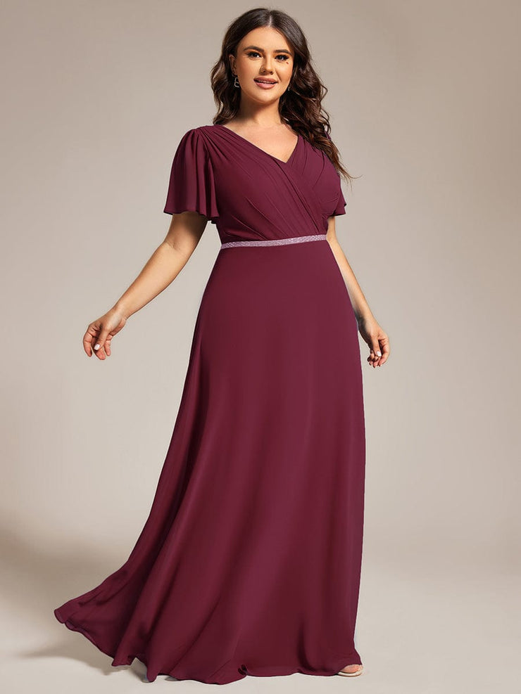 Chiffon A-Line Pleated Evening Dress with Short Sleeves and Sequin Waist