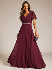 Chiffon A-Line Pleated Evening Dress with Short Sleeves and Sequin Waist