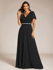 Chiffon A-Line Pleated Evening Dress with Short Sleeves and Sequin Waist