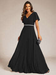 Chiffon A-Line Pleated Evening Dress with Short Sleeves and Sequin Waist