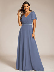 Chiffon A-Line Pleated Evening Dress with Short Sleeves and Sequin Waist