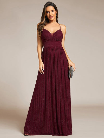 V-Neck Glittery Spaghetti Straps Backless Formal Evening Dress