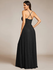 V-Neck Glittery Spaghetti Straps Backless Formal Evening Dress