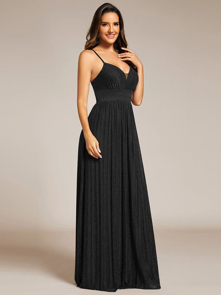 V-Neck Glittery Spaghetti Straps Backless Formal Evening Dress