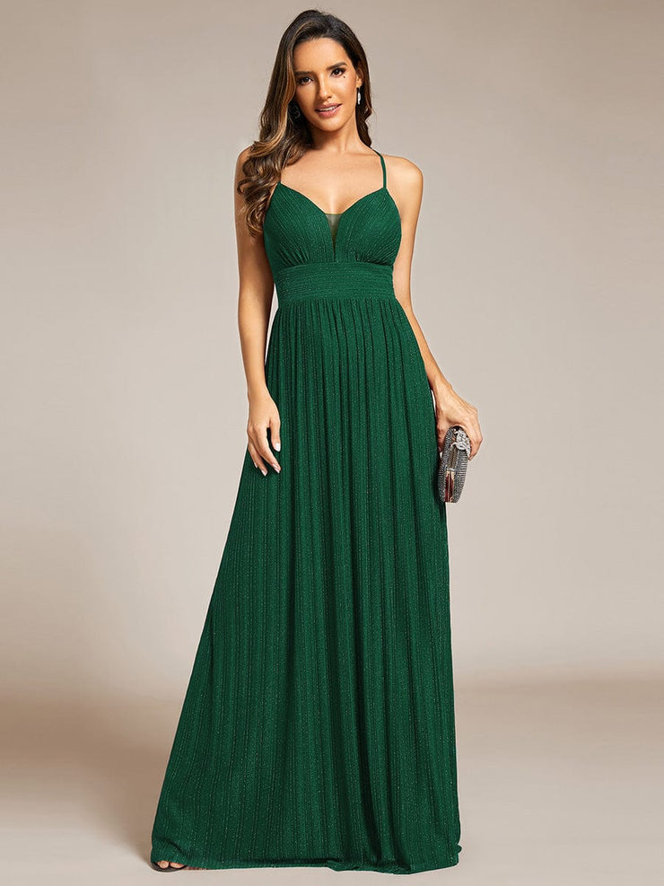 V-Neck Glittery Spaghetti Straps Backless Formal Evening Dress