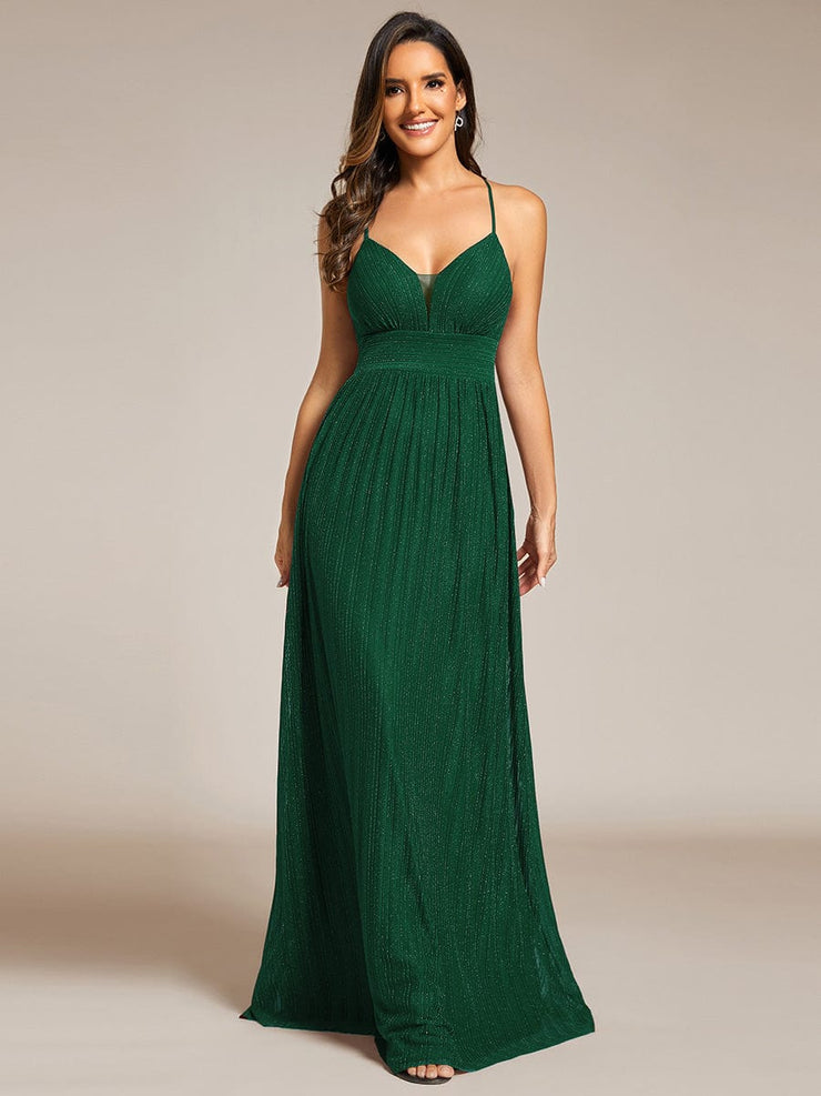 V-Neck Glittery Spaghetti Straps Backless Formal Evening Dress