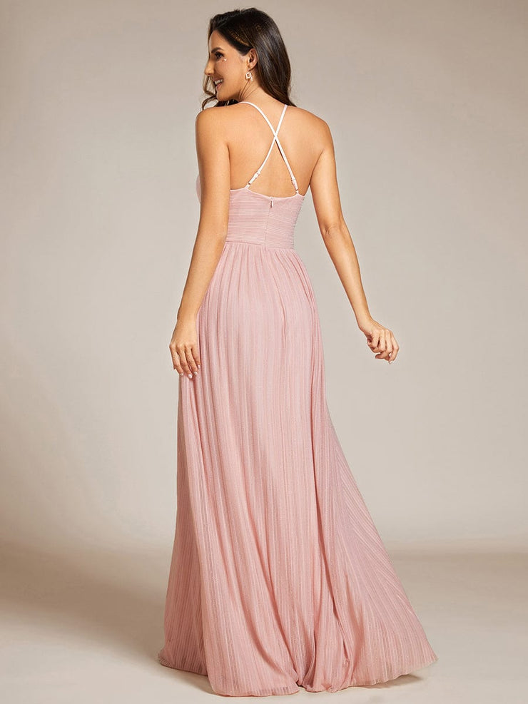 V-Neck Glittery Spaghetti Straps Backless Formal Evening Dress