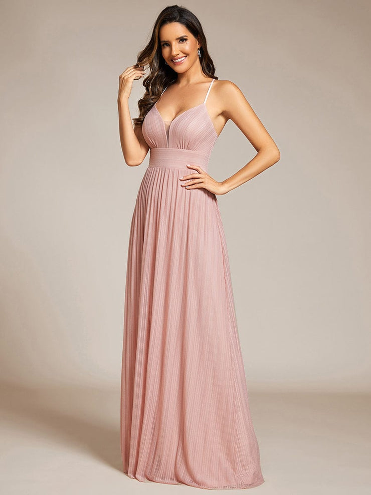 V-Neck Glittery Spaghetti Straps Backless Formal Evening Dress