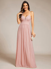 V-Neck Glittery Spaghetti Straps Backless Formal Evening Dress