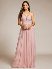 V-Neck Glittery Spaghetti Straps Backless Formal Evening Dress