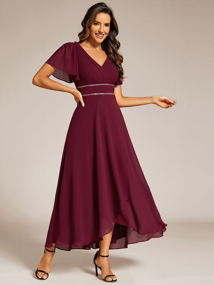 Chiffon Ruffle Sleeves Rhinestone Waist High-Low Evening Dress For Wedding