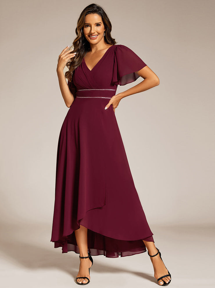 Chiffon Ruffle Sleeves Rhinestone Waist High-Low Evening Dress For Wedding