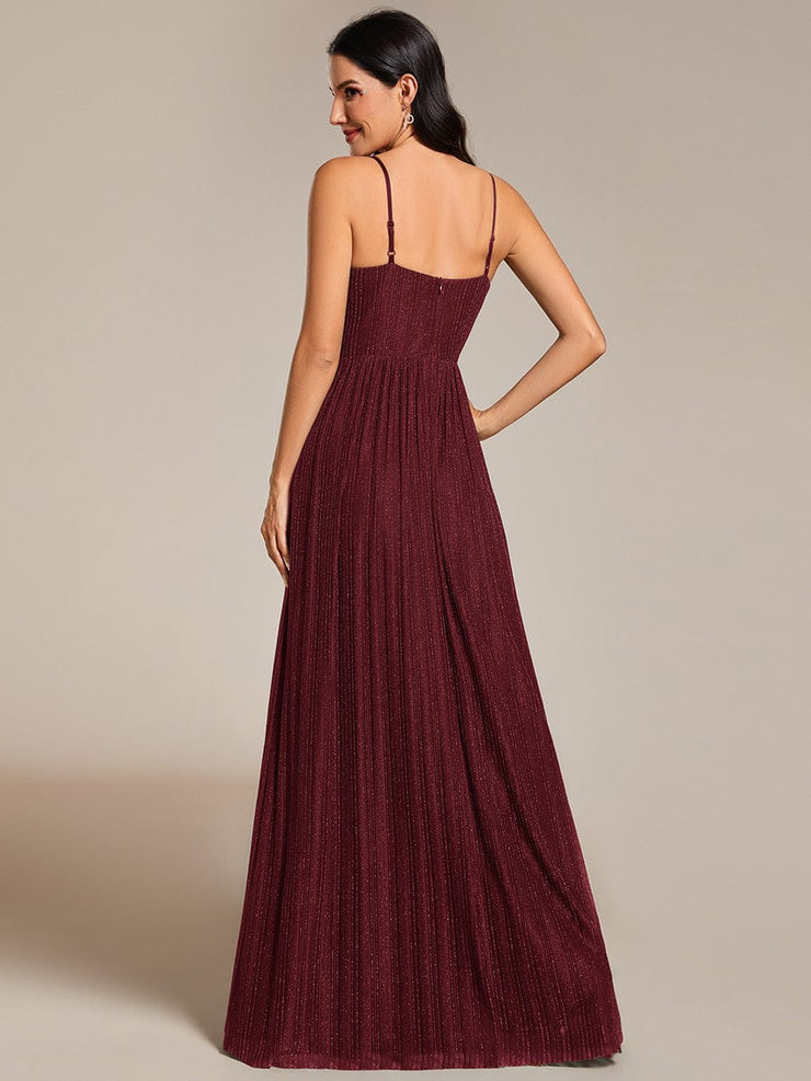 Glittering Pleated Spaghetti Straps Evening Dress with Empire Waist