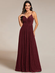 Glittering Pleated Spaghetti Straps Evening Dress with Empire Waist