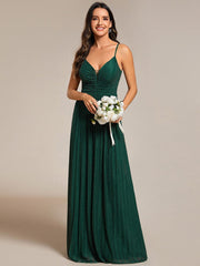 Glittering Pleated Spaghetti Straps Evening Dress with Empire Waist